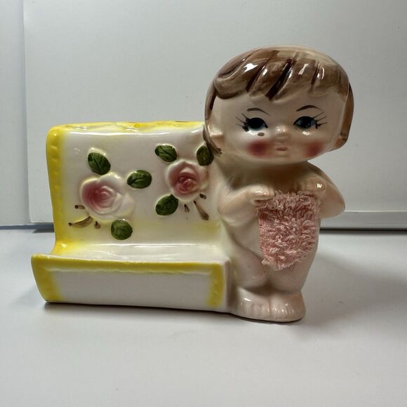 Vintage Kitsch Retro Ceramic Little Girl Toothbrush Or Makeup Brush Holder - Picture 2 of 8